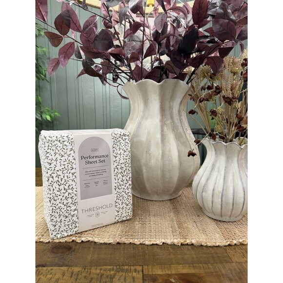 Threshold Queen Size 100% Cotton Sateen Olive Green Vine Print 4 Piece Sheet Set - Picture 1 of 6